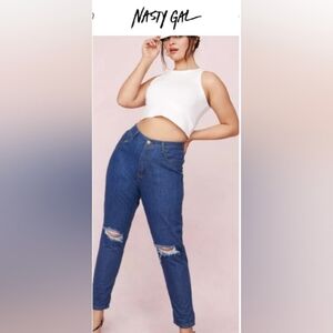 Nasty Gal Mom's The Word Ankle Jeans Mid Wash Blue Ripped Knee Women's Plus- 18
